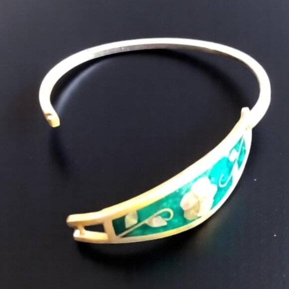 Vintage Silver Hinged Bracelet Taxco Mexico Abalone Flower Green Malachite - Picture 3 of 5